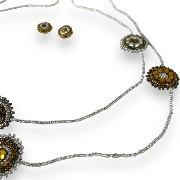 Beaded Necklace & Earrings Set Silver Bronze Chain Long Layered Jewelry - Picture 3 of 6